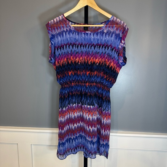 Aqua Dresses & Skirts - AQUA Ikat Print Dress Medium Multicolor Sheer Overlay Elastic‎ Waist Mini